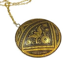 Vintage Damascene pendant 1 1/2” large round on new delicate goldtone link chain